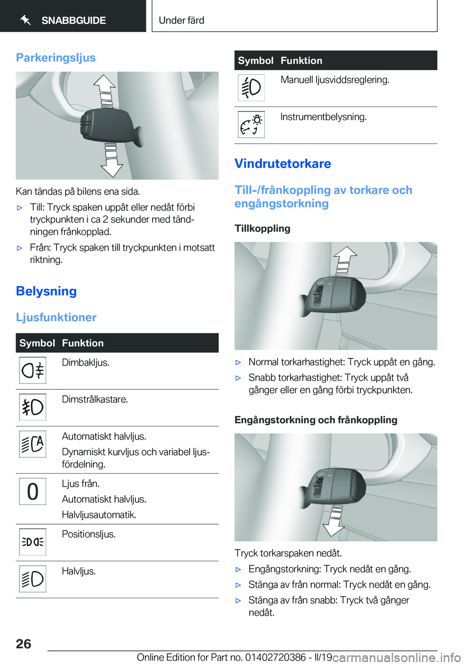 BMW X2 2019  InstruktionsbÖcker (in Swedish) �P�a�r�k�e�r�i�n�g�s�l�j�u�s
�K�a�n��t�ä�n�d�a�s��p�å��b�i�l�e�n�s��e�n�a��s�i�d�a�.
x�T�i�l�l�:��T�r�y�c�k��s�p�a�k�e�n��u�p�p�å�t��e�l�l�e�r��n�e�d�å�t��f�