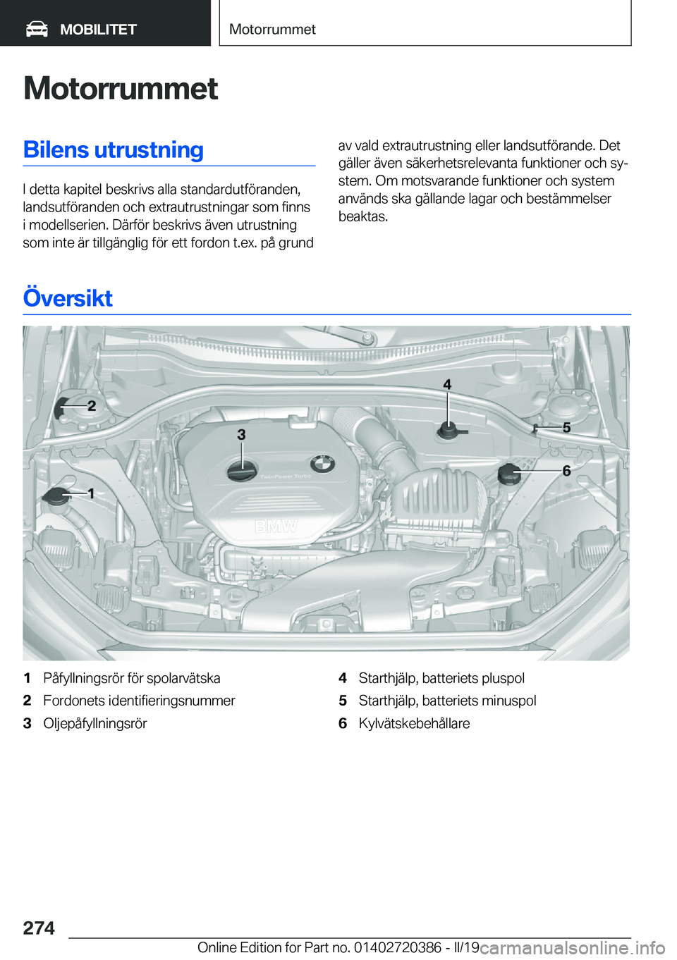 BMW X2 2019  InstruktionsbÖcker (in Swedish) �M�o�t�o�r�r�u�m�m�e�t�B�i�l�e�n�s��u�t�r�u�s�t�n�i�n�g
�I��d�e�t�t�a��k�a�p�i�t�e�l��b�e�s�k�r�i�v�s��a�l�l�a��s�t�a�n�d�a�r�d�u�t�f�