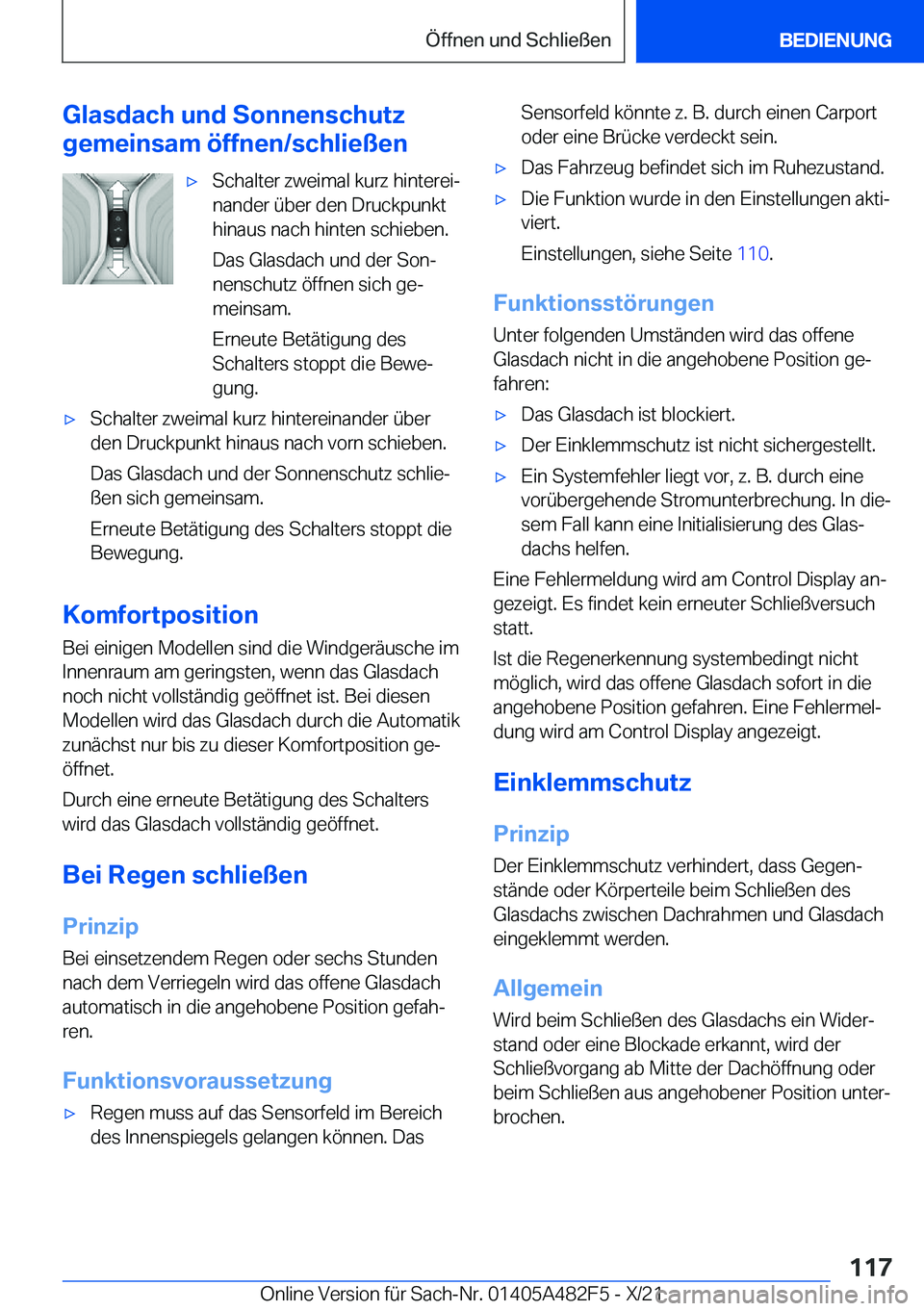 BMW X3 2022  Betriebsanleitungen (in German) �G�l�a�s�d�a�c�h��u�n�d��S�o�n�n�e�n�s�c�h�u�t�z
�g�e�m�e�i�n�s�a�m��