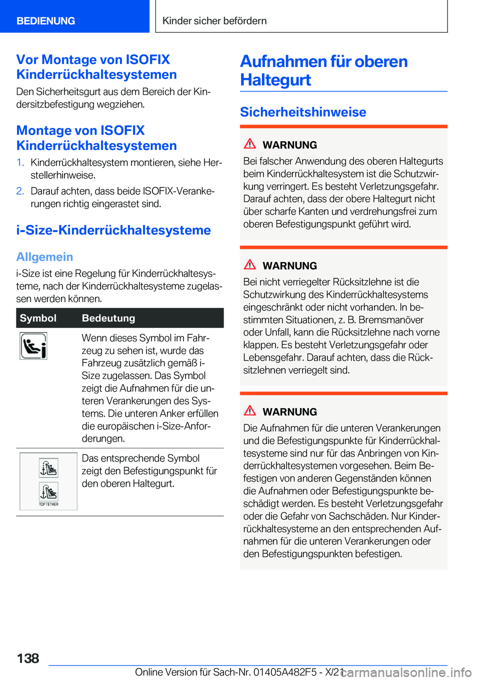 BMW X3 2022  Betriebsanleitungen (in German) �V�o�r��M�o�n�t�a�g�e��v�o�n��I�S�O�F�I�X
�K�i�n�d�e�r�r�