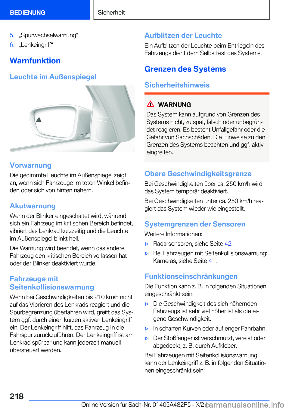 BMW X3 2022  Betriebsanleitungen (in German) �5�.x�S�p�u�r�w�e�c�h�s�e�l�w�a�r�n�u�n�gv�6�.x�L�e�n�k�e�i�n�g�r�i�f�fv
�W�a�r�n�f�u�n�k�t�i�o�n
�L�e�u�c�h�t�e��i�m��A�u�