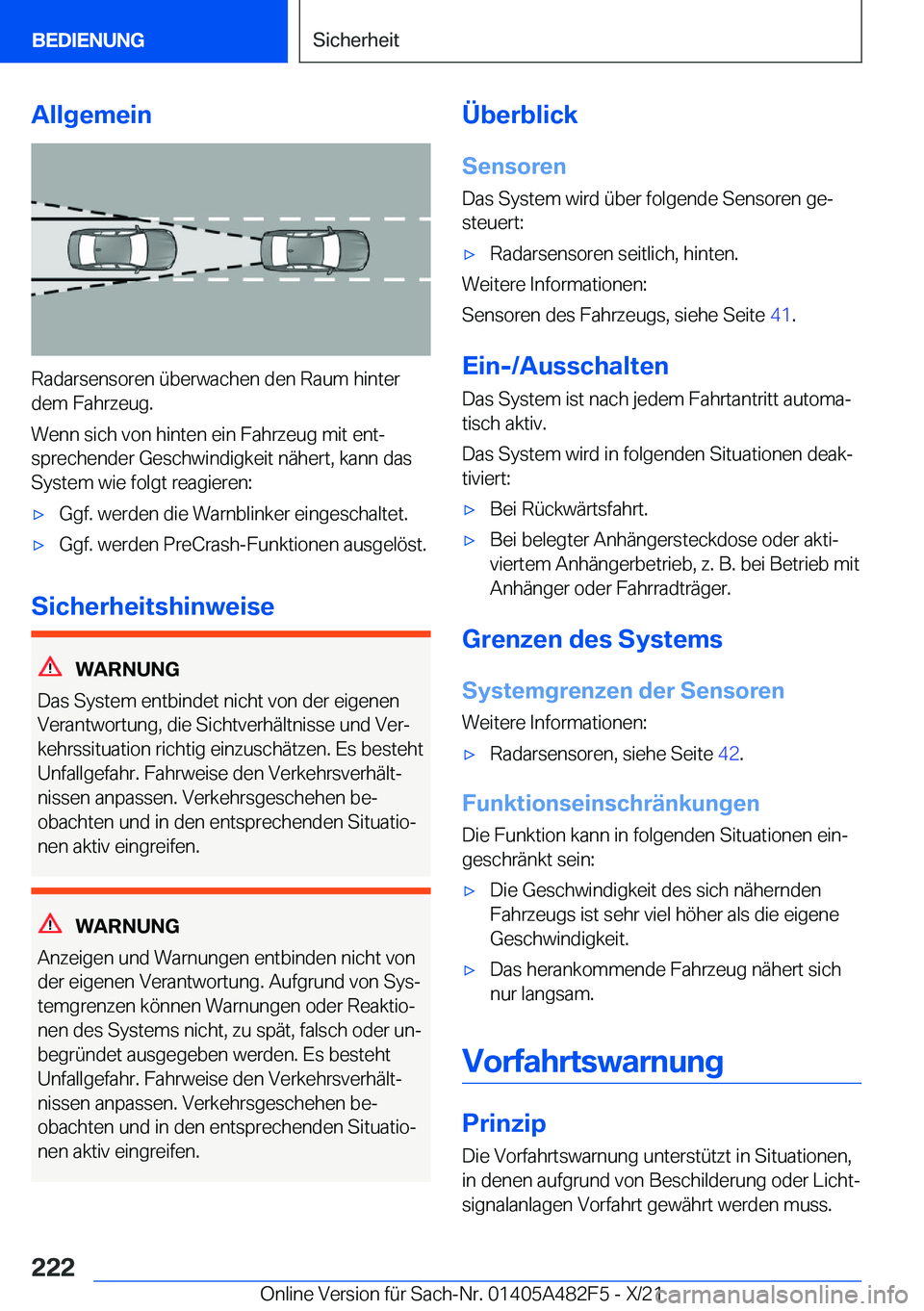 BMW X3 2022  Betriebsanleitungen (in German) �A�l�l�g�e�m�e�i�n
�R�a�d�a�r�s�e�n�s�o�r�e�n��