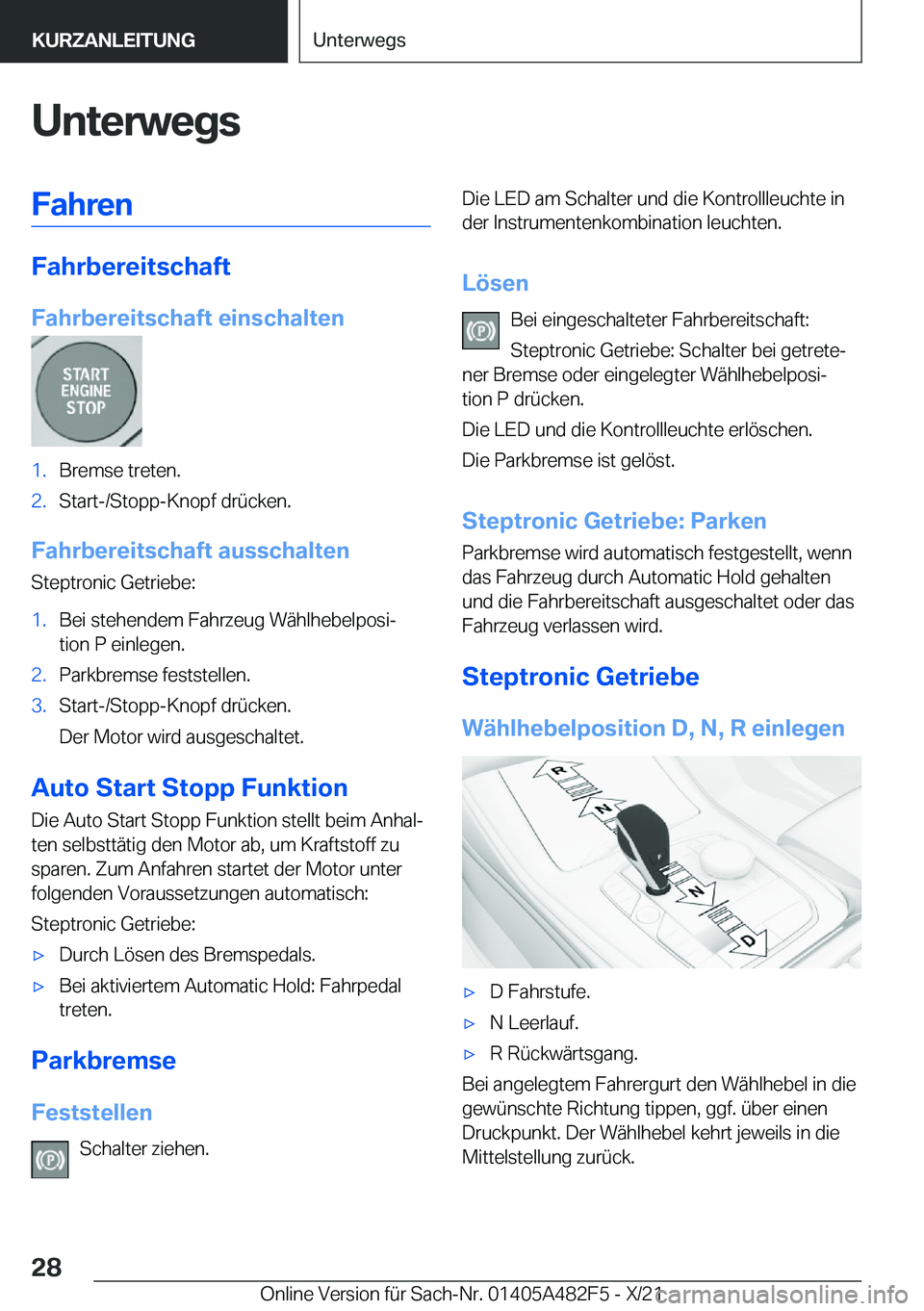 BMW X3 2022  Betriebsanleitungen (in German) �U�n�t�e�r�w�e�g�s�F�a�h�r�e�n
�F�a�h�r�b�e�r�e�i�t�s�c�h�a�f�t
�F�a�h�r�b�e�r�e�i�t�s�c�h�a�f�t��e�i�n�s�c�h�a�l�t�e�n
�1�.�B�r�e�m�s�e��t�r�e�t�e�n�.�2�.�S�t�a�r�t�-�/�S�t�o�p�p�-�K�n�o�p�f��d�r�