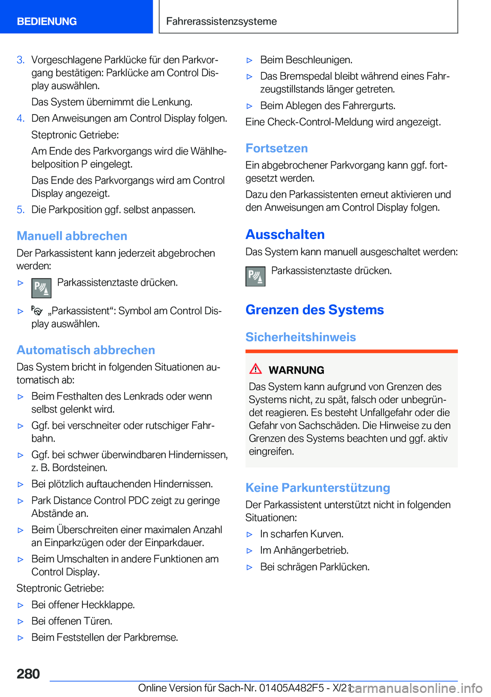 BMW X3 2022  Betriebsanleitungen (in German) �3�.�V�o�r�g�e�s�c�h�l�a�g�e�n�e��P�a�r�k�l�