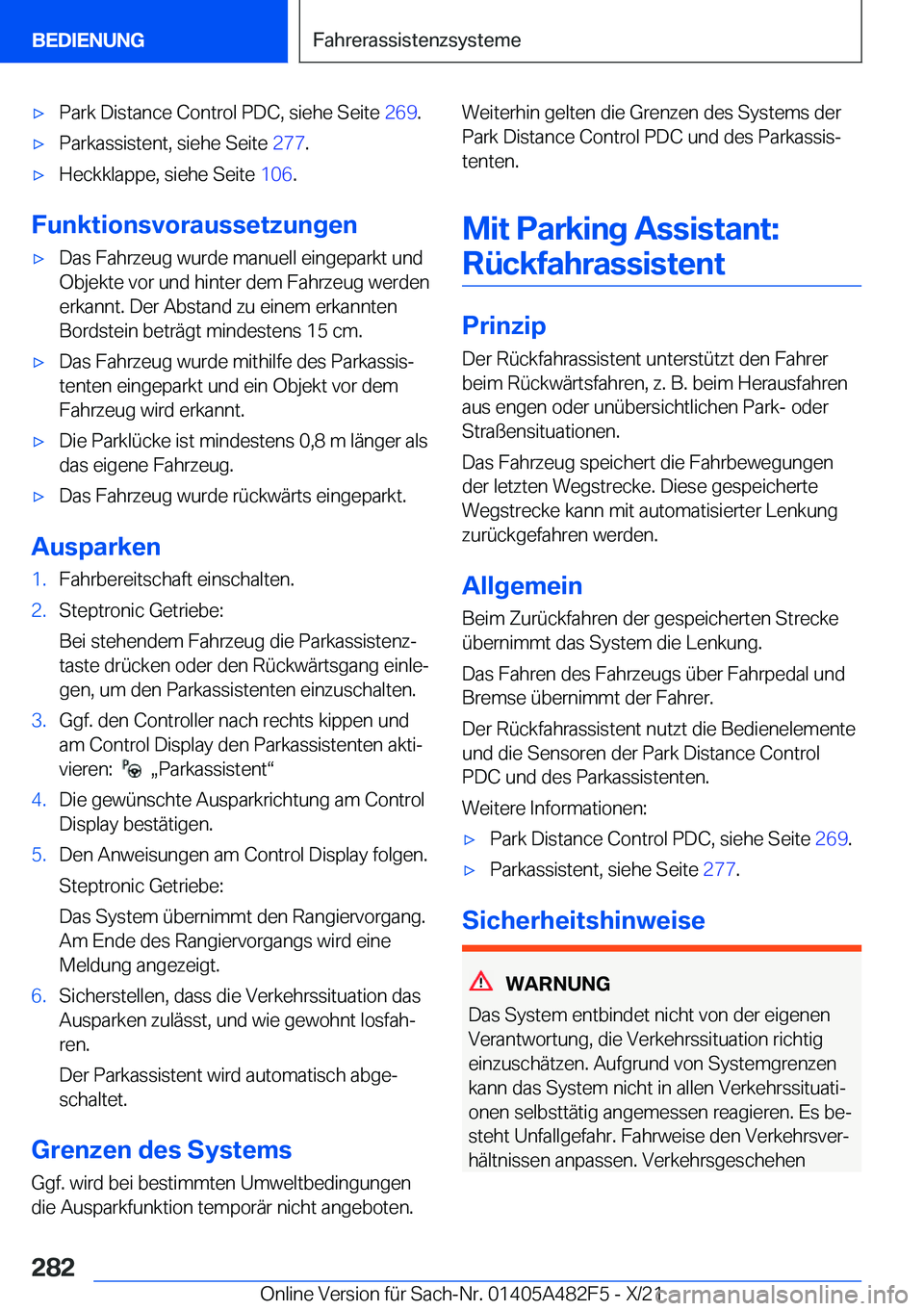 BMW X3 2022  Betriebsanleitungen (in German) x�P�a�r�k��D�i�s�t�a�n�c�e��C�o�n�t�r�o�l��P�D�C�,��s�i�e�h�e��S�e�i�t�e��2�6�9�.x�P�a�r�k�a�s�s�i�s�t�e�n�t�,��s�i�e�h�e��S�e�i�t�e� �2�7�7�.x�H�e�c�k�k�l�a�p�p�e�,��s�i�e�h�e��S�e�i�t�