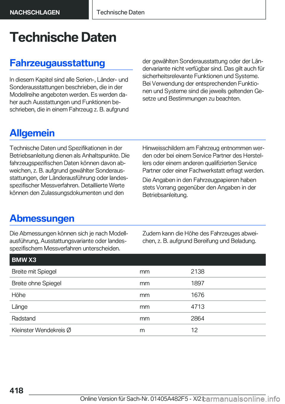 BMW X3 2022  Betriebsanleitungen (in German) �T�e�c�h�n�i�s�c�h�e��D�a�t�e�n�F�a�h�r�z�e�u�g�a�u�s�s�t�a�t�t�u�n�g
�I�n��d�i�e�s�e�m��K�a�p�i�t�e�l��s�i�n�d��a�l�l�e��S�e�r�i�e�n�-�,��L�