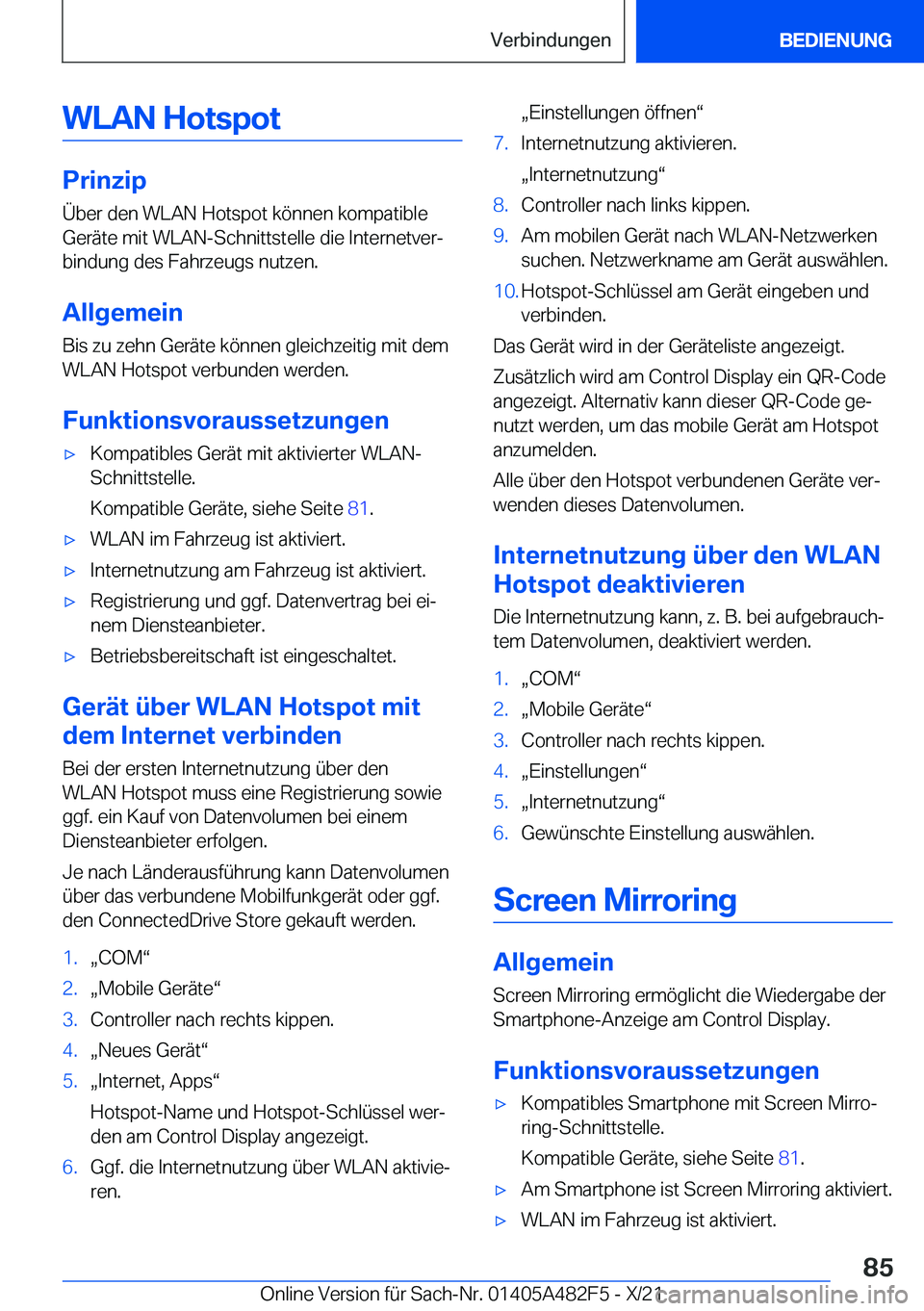 BMW X3 2022  Betriebsanleitungen (in German) �W�L�A�N��H�o�t�s�p�o�t
�P�r�i�n�z�i�p
�