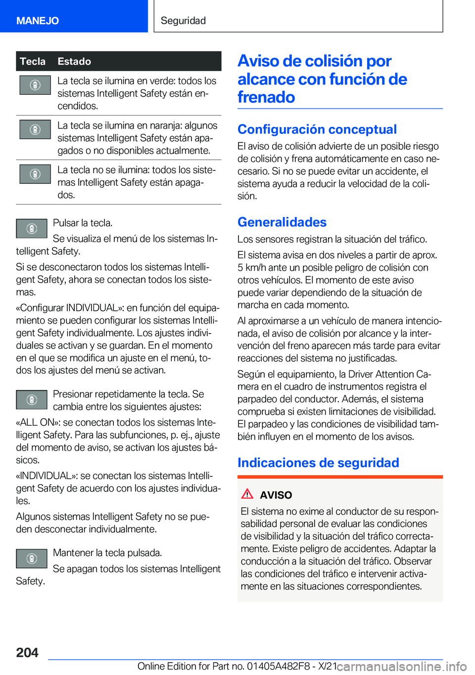 BMW X3 2022  Manuales de Empleo (in Spanish) �T�e�c�l�a�E�s�t�a�d�o�L�a��t�e�c�l�a��s�e��i�l�u�m�i�n�a��e�n��v�e�r�d�e�:��t�o�d�o�s��l�o�s�s�i�s�t�e�m�a�s��I�n�t�e�l�l�i�g�e�n�t��S�a�f�e�t�y��e�s�t�