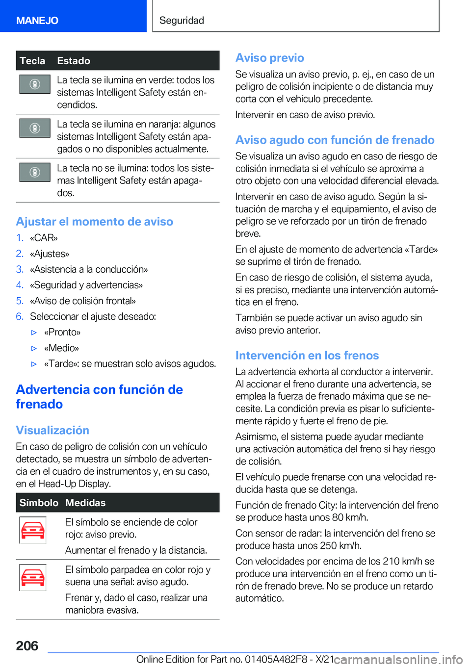 BMW X3 2022  Manuales de Empleo (in Spanish) �T�e�c�l�a�E�s�t�a�d�o�L�a��t�e�c�l�a��s�e��i�l�u�m�i�n�a��e�n��v�e�r�d�e�:��t�o�d�o�s��l�o�s�s�i�s�t�e�m�a�s��I�n�t�e�l�l�i�g�e�n�t��S�a�f�e�t�y��e�s�t�