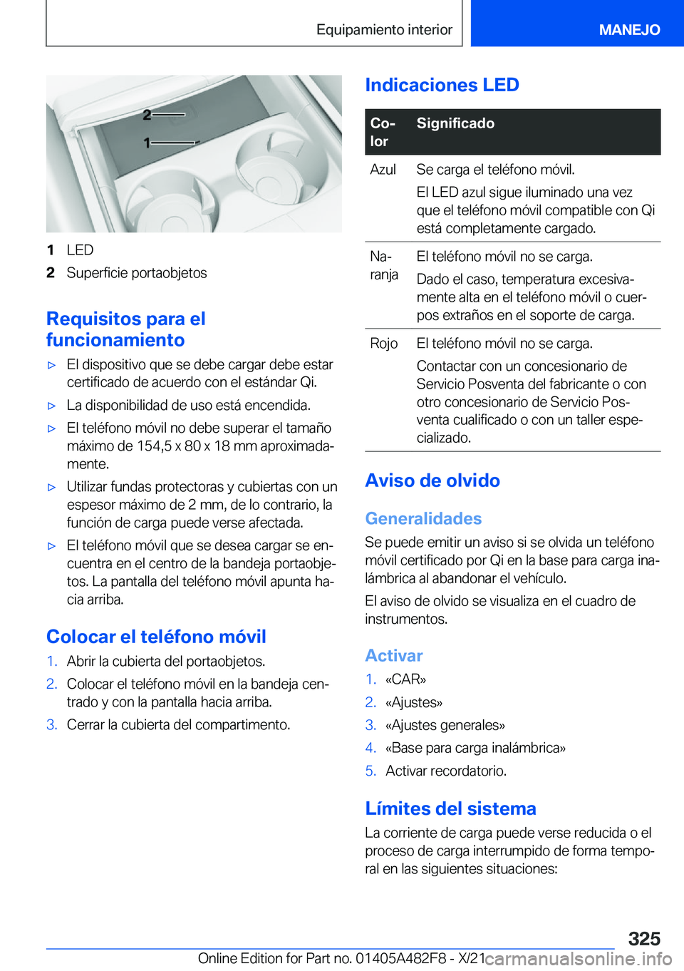 BMW X3 2022  Manuales de Empleo (in Spanish) �1�L�E�D�2�S�u�p�e�r�f�i�c�i�e��p�o�r�t�a�o�b�j�e�t�o�s
�R�e�q�u�i�s�i�t�o�s��p�a�r�a��e�l
�f�u�n�c�i�o�n�a�m�i�e�n�t�o
x�E�l��d�i�s�p�o�s�i�t�i�v�o��q�u�e��s�e��d�e�b�e��c�a�r�g�a�r��d�e�b�