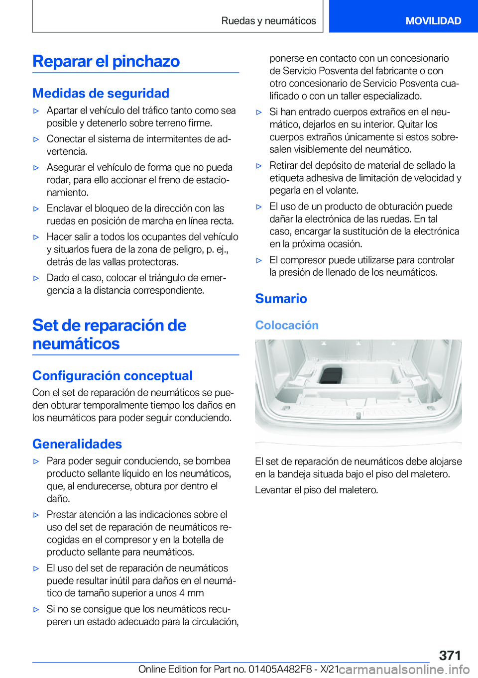 BMW X3 2022  Manuales de Empleo (in Spanish) �R�e�p�a�r�a�r��e�l��p�i�n�c�h�a�z�o
�M�e�d�i�d�a�s��d�e��s�e�g�u�r�i�d�a�d
x�A�p�a�r�t�a�r��e�l��v�e�h�