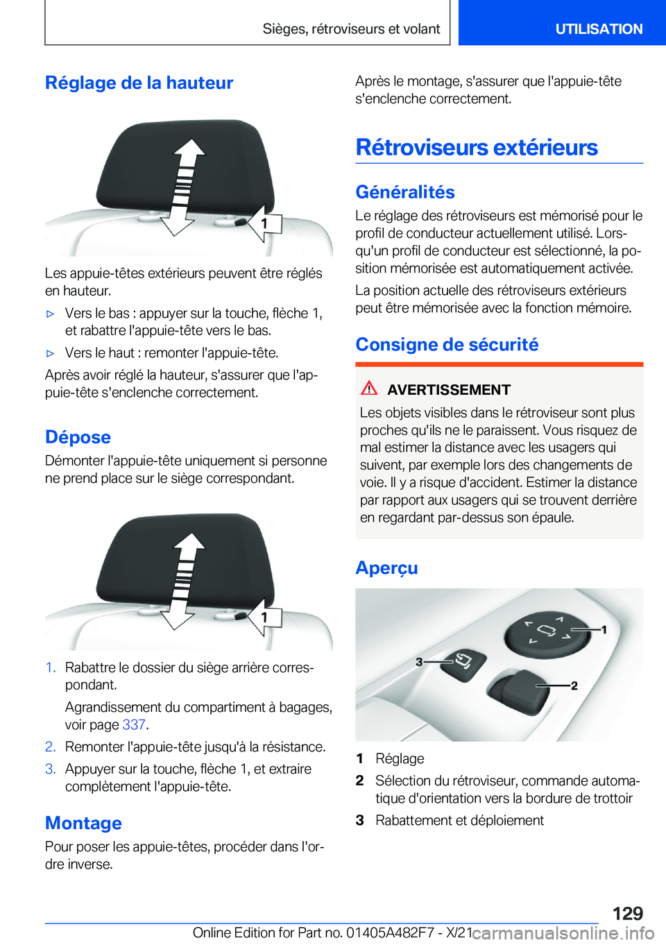 BMW X3 2022  Notices Demploi (in French) �R�é�g�l�a�g�e��d�e��l�a��h�a�u�t�e�u�r
�L�e�s��a�p�p�u�i�e�-�t�ê�t�e�s��e�x�t�é�r�i�e�u�r�s��p�e�u�v�e�n�t��ê�t�r�e��r�é�g�l�é�s�e�n��h�a�u�t�e�u�r�.
'x�V�e�r�s��l�e��b�a�s��:�