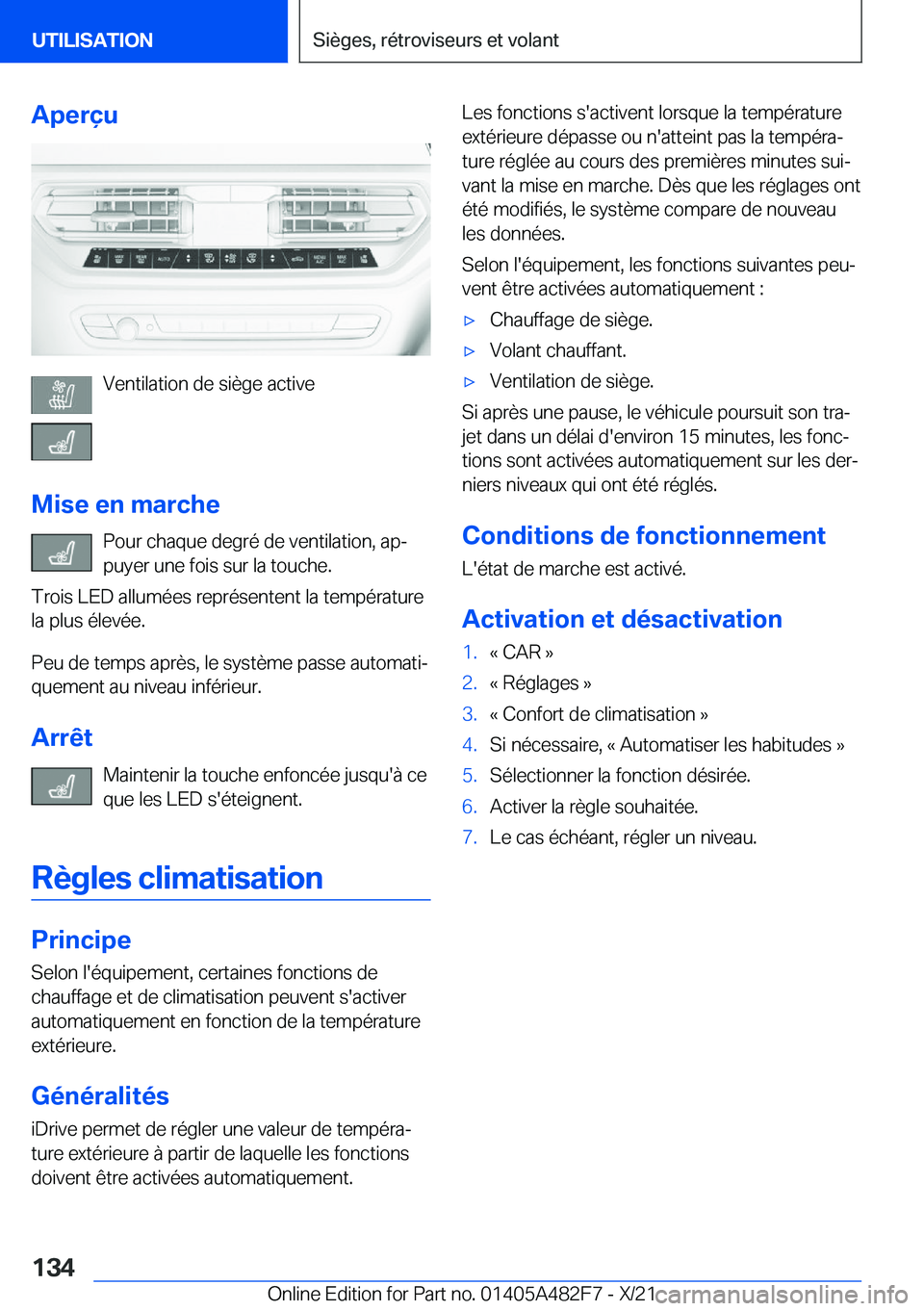 BMW X3 2022  Notices Demploi (in French) �A�p�e�r�ç�u
�V�e�n�t�i�l�a�t�i�o�n��d�e��s�i�è�g�e��a�c�t�i�v�e
�M�i�s�e��e�n��m�a�r�c�h�e �P�o�u�r��c�h�a�q�u�e��d�e�g�r�é��d�e��v�e�n�t�i�l�a�t�i�o�n�,��a�pj
�p�u�y�e�r��u�n�e��f�o�