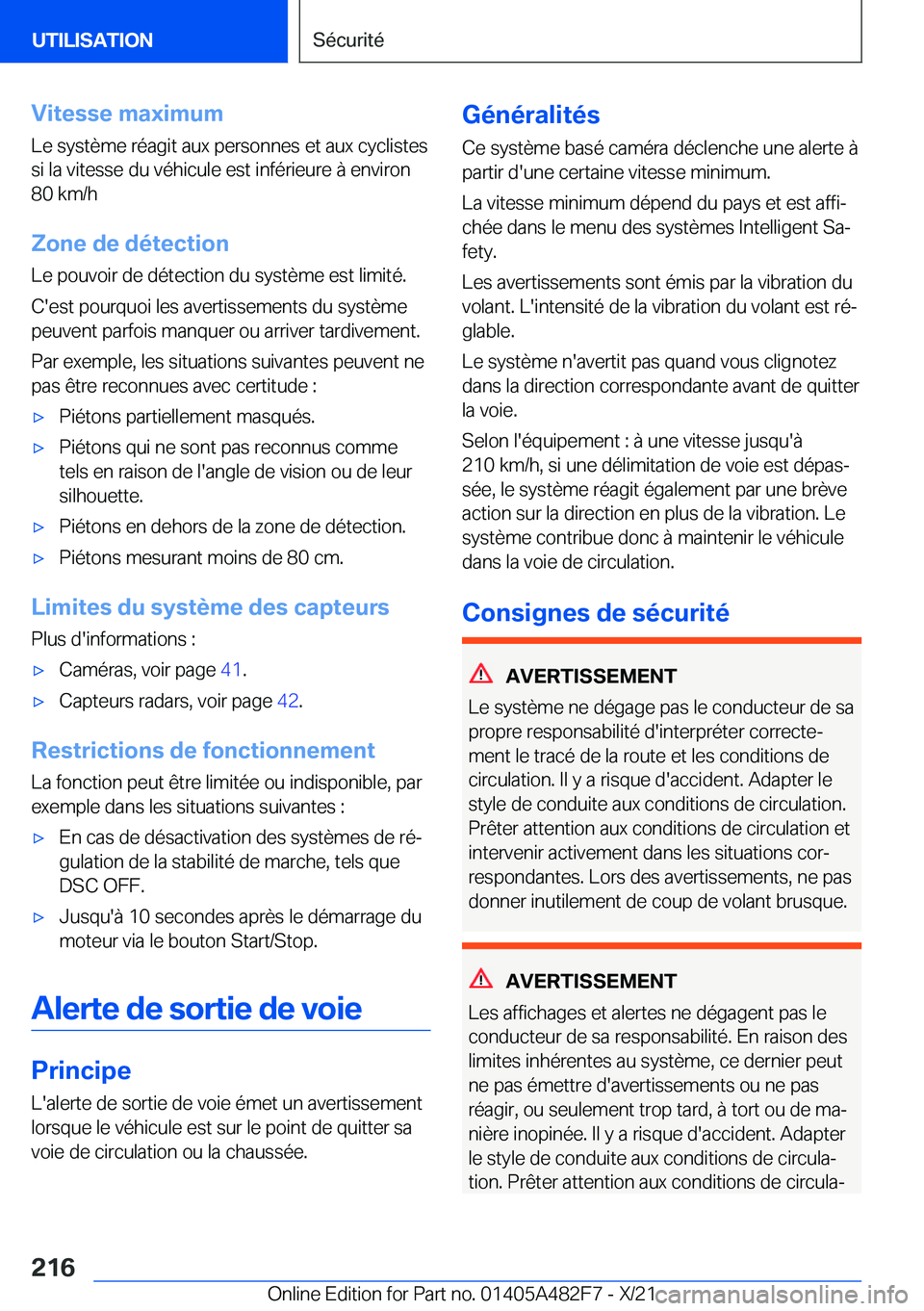BMW X3 2022  Notices Demploi (in French) �V�i�t�e�s�s�e��m�a�x�i�m�u�m�L�e��s�y�s�t�è�m�e��r�é�a�g�i�t��a�u�x��p�e�r�s�o�n�n�e�s��e�t��a�u�x��c�y�c�l�i�s�t�e�s
�s�i��l�a��v�i�t�e�s�s�e��d�u��v�é�h�i�c�u�l�e��e�s�t��i�n�f�é�