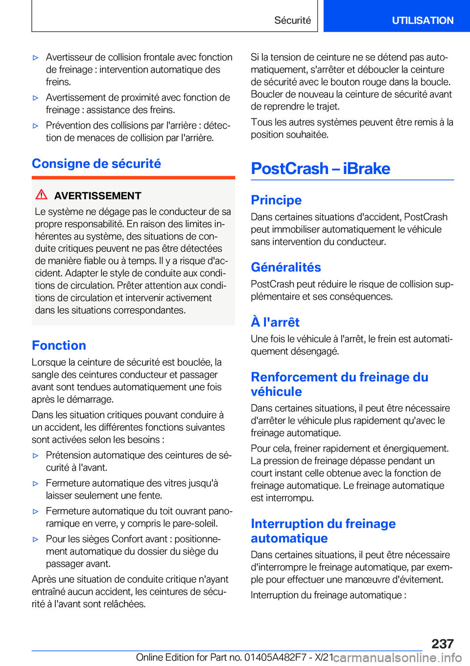 BMW X3 2022  Notices Demploi (in French) 'x�A�v�e�r�t�i�s�s�e�u�r��d�e��c�o�l�l�i�s�i�o�n��f�r�o�n�t�a�l�e��a�v�e�c��f�o�n�c�t�i�o�n�d�e��f�r�e�i�n�a�g�e��:��i�n�t�e�r�v�e�n�t�i�o�n��a�u�t�o�m�a�t�i�q�u�e��d�e�s�f�r�e�i�n�s�.&#