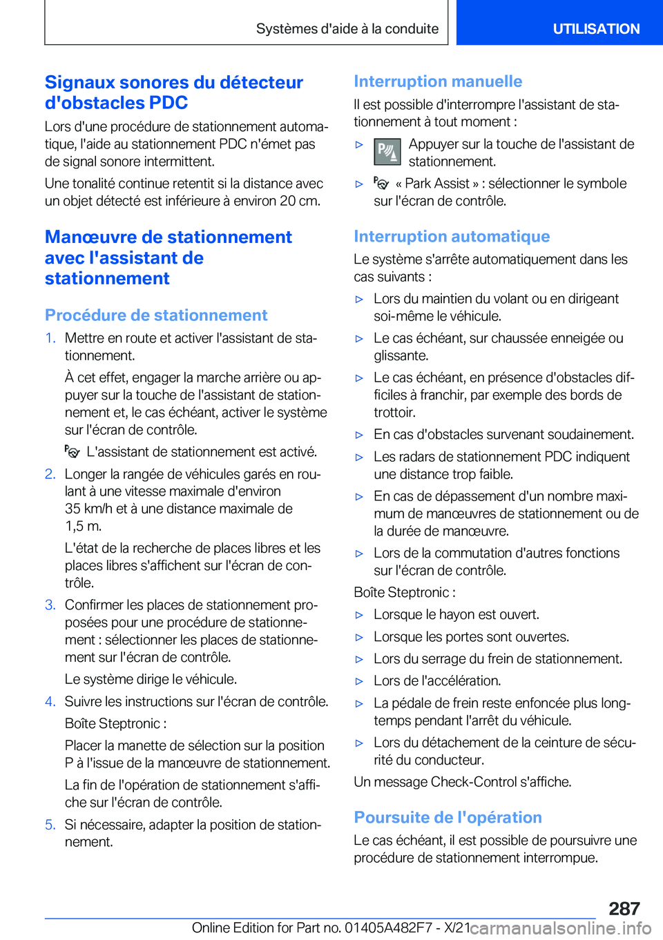 BMW X3 2022  Notices Demploi (in French) �S�i�g�n�a�u�x��s�o�n�o�r�e�s��d�u��d�é�t�e�c�t�e�u�r
�d�'�o�b�s�t�a�c�l�e�s��P�D�C
�L�o�r�s��d�'�u�n�e��p�r�o�c�é�d�u�r�e��d�e��s�t�a�t�i�o�n�n�e�m�e�n�t��a�u�t�o�m�aj
�t�i�q�u�e�