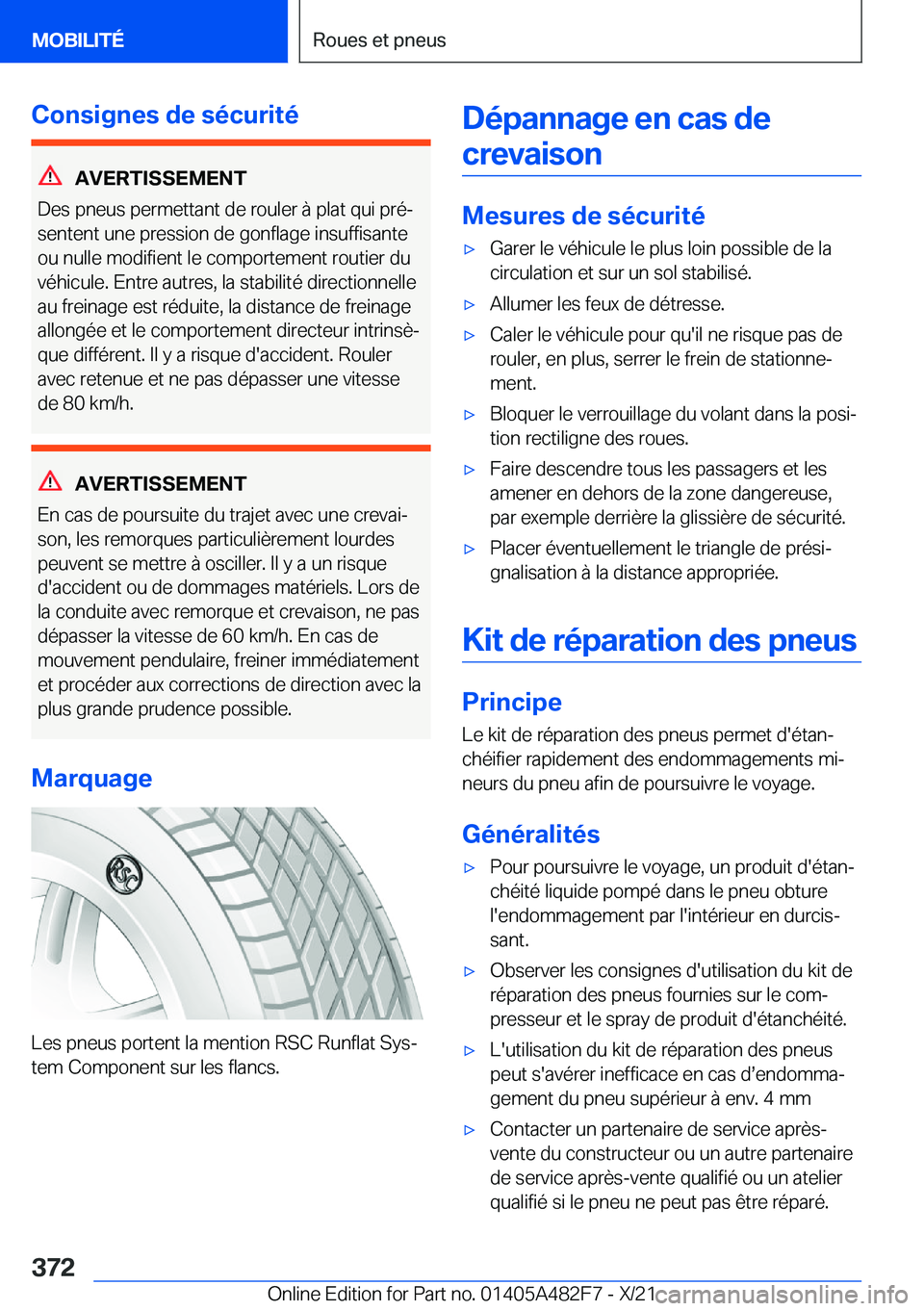 BMW X3 2022  Notices Demploi (in French) �C�o�n�s�i�g�n�e�s��d�e��s�é�c�u�r�i�t�é
�A�V�E�R�T�I�S�S�E�M�E�N�T
�D�e�s��p�n�e�u�s��p�e�r�m�e�t�t�a�n�t��d�e��r�o�u�l�e�r��