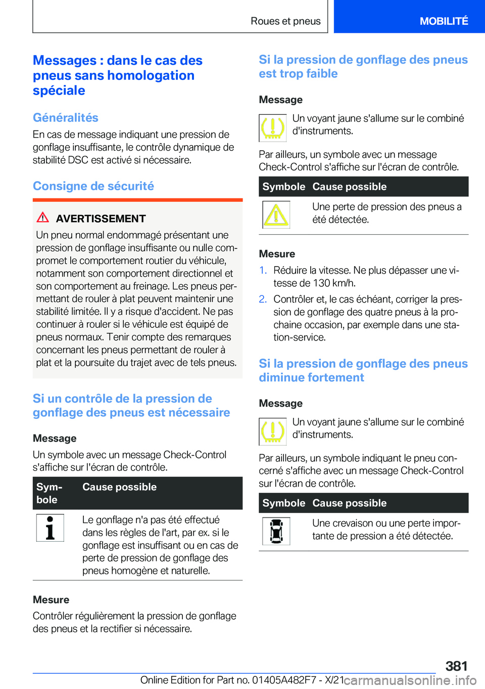 BMW X3 2022  Notices Demploi (in French) �M�e�s�s�a�g�e�s��:��d�a�n�s��l�e��c�a�s��d�e�s
�p�n�e�u�s��s�a�n�s��h�o�m�o�l�o�g�a�t�i�o�n
�s�p�é�c�i�a�l�e
�G�é�n�é�r�a�l�i�t�é�s
�E�n��c�a�s��d�e��m�e�s�s�a�g�e��i�n�d�i�q�u�a�n�t�