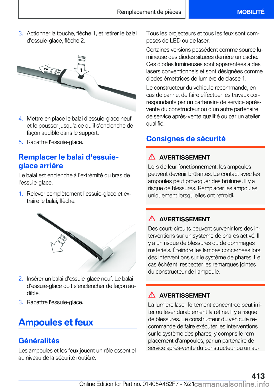 BMW X3 2022  Notices Demploi (in French) �3�.�A�c�t�i�o�n�n�e�r��l�a��t�o�u�c�h�e�,��f�l�è�c�h�e��1�,��e�t��r�e�t�i�r�e�r��l�e��b�a�l�a�i
�d�'�e�s�s�u�i�e�-�g�l�a�c�e�,��f�l�è�c�h�e��2�.�4�.�M�e�t�t�r�e��e�n��p�l�a�c�e��l�