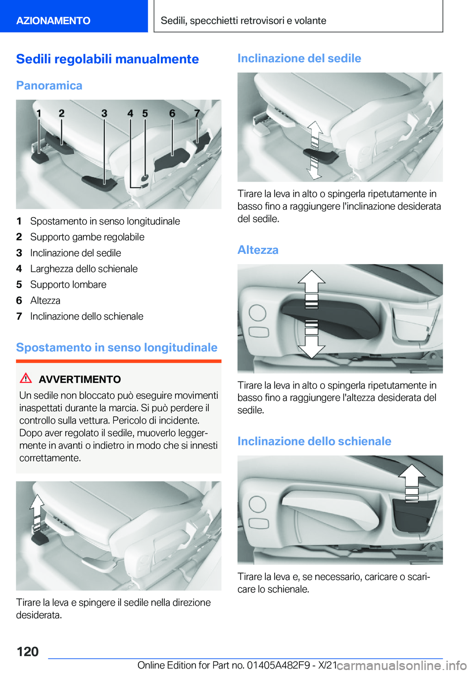 BMW X3 2022  Libretti Di Uso E manutenzione (in Italian) �S�e�d�i�l�i��r�e�g�o�l�a�b�i�l�i��m�a�n�u�a�l�m�e�n�t�e
�P�a�n�o�r�a�m�i�c�a�1�S�p�o�s�t�a�m�e�n�t�o��i�n��s�e�n�s�o��l�o�n�g�i�t�u�d�i�n�a�l�e�2�S�u�p�p�o�r�t�o��g�a�m�b�e��r�e�g�o�l�a�b�i�l�