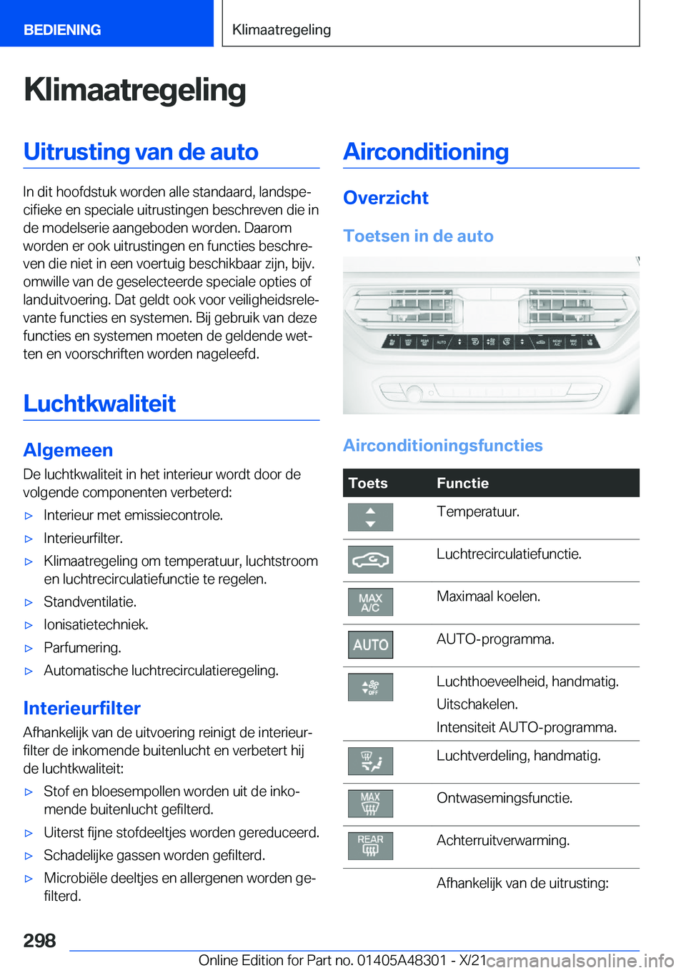 BMW X3 2022  Instructieboekjes (in Dutch) �K�l�i�m�a�a�t�r�e�g�e�l�i�n�g�U�i�t�r�u�s�t�i�n�g��v�a�n��d�e��a�u�t�o
�I�n��d�i�t��h�o�o�f�d�s�t�u�k��w�o�r�d�e�n��a�l�l�e��s�t�a�n�d�a�a�r�d�,��l�a�n�d�s�p�ej�c�i�f�i�e�k�e��e�n��s�p�e�