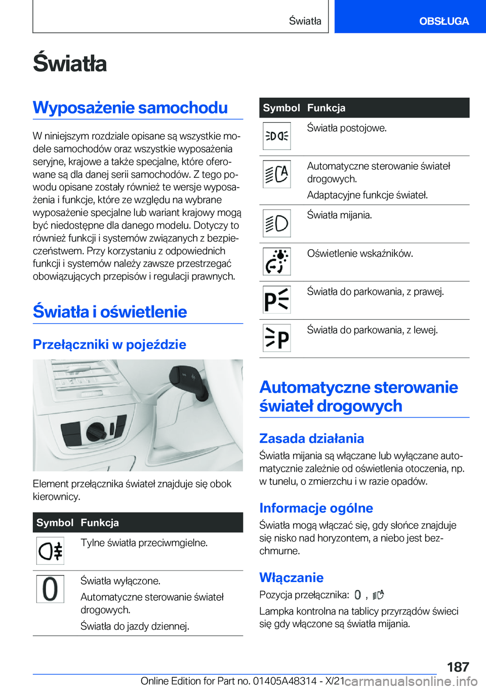 BMW X3 2022  Instrukcja obsługi (in Polish) �w�i�a�t�ł�a�W�y�p�o�s�a9�e�n�i�e��s�a�m�o�c�h�o�d�u
�W��n�i�n�i�e�j�s�z�y�m��r�o�z�d�z�i�a�l�e��o�p�i�s�a�n�e��s�