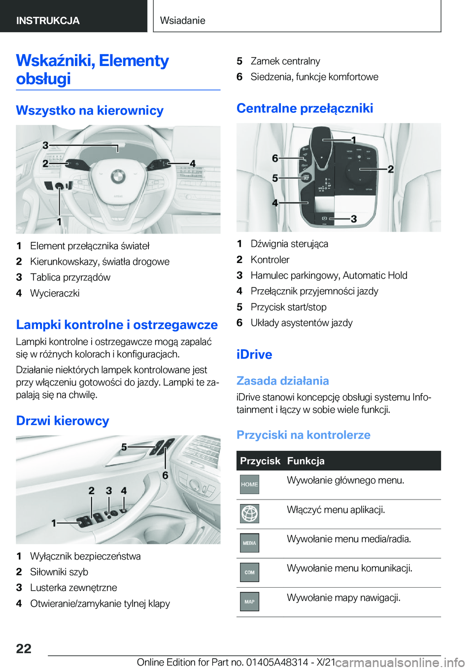 BMW X3 2022  Instrukcja obsługi (in Polish) �W�s�k�a7�n�i�k�i�,��E�l�e�m�e�n�t�y�o�b�s�ł�u�g�i
�W�s�z�y�s�t�k�o��n�a��k�i�e�r�o�w�n�i�c�y
�1�E�l�e�m�e�n�t��p�r�z�e�ł�