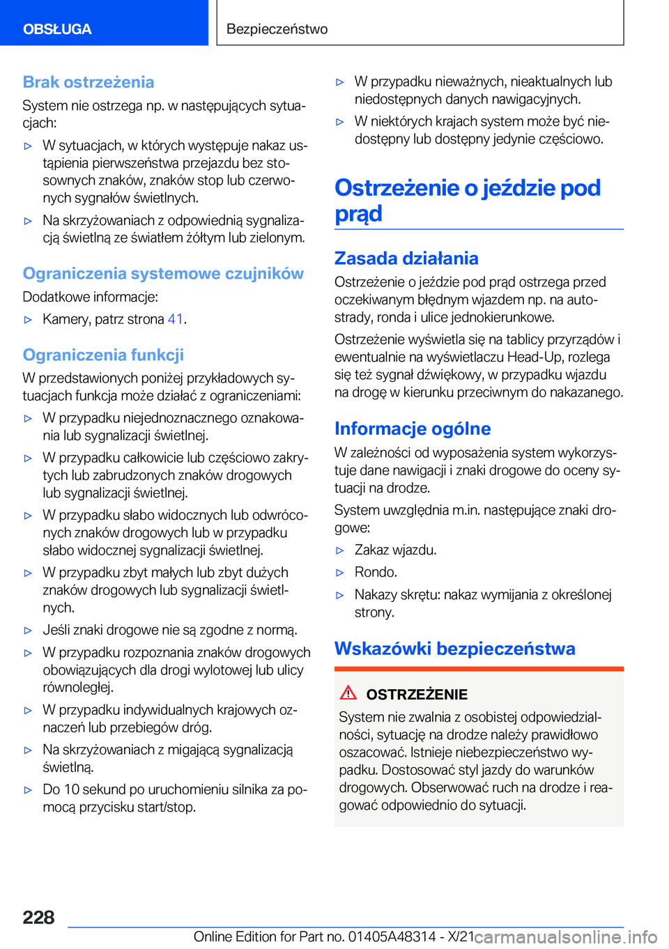 BMW X3 2022  Instrukcja obsługi (in Polish) �B�r�a�k��o�s�t�r�z�e9�e�n�i�a
�S�y�s�t�e�m��n�i�e��o�s�t�r�z�e�g�a��n�p�.��w��n�a�s�t�