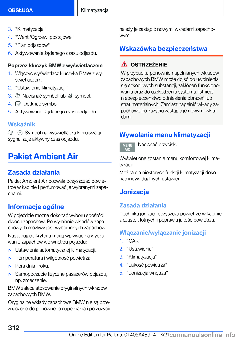 BMW X3 2022  Instrukcja obsługi (in Polish) �3�.��K�l�i�m�a�t�y�z�a�c�j�a��4�.��W�e�n�t�.�/�O�g�r�z�e�w�.��p�o�s�t�o�j�o�w�e��5�.��P�l�a�n��o�d�j�a�z�d�
