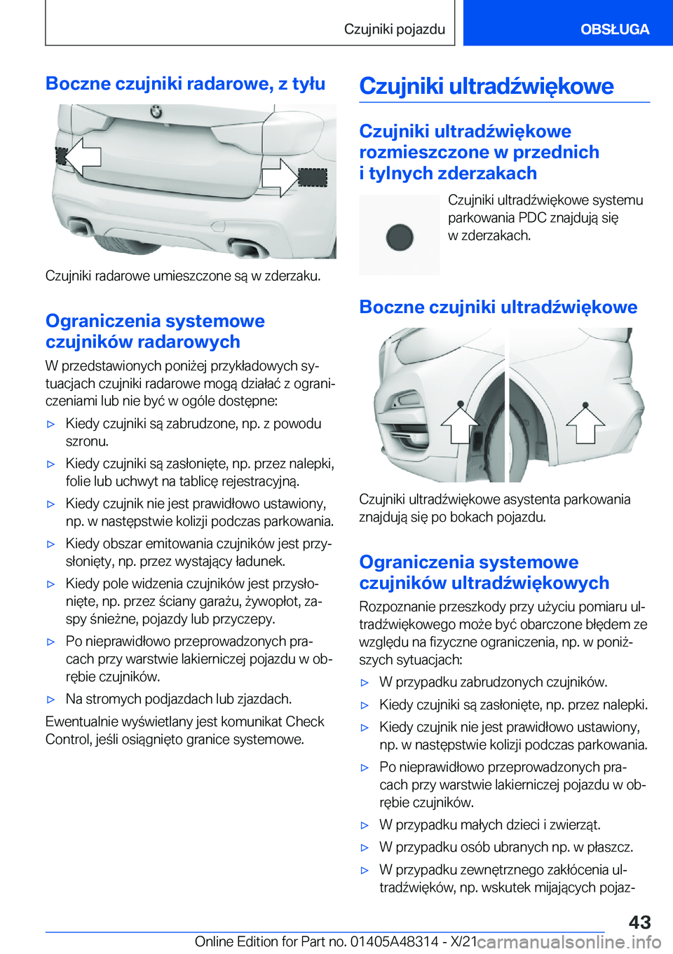 BMW X3 2022  Instrukcja obsługi (in Polish) �B�o�c�z�n�e��c�z�u�j�n�i�k�i��r�a�d�a�r�o�w�e�,��z��t�y�ł�u
�C�z�u�j�n�i�k�i��r�a�d�a�r�o�w�e��u�m�i�e�s�z�c�z�o�n�e��s�