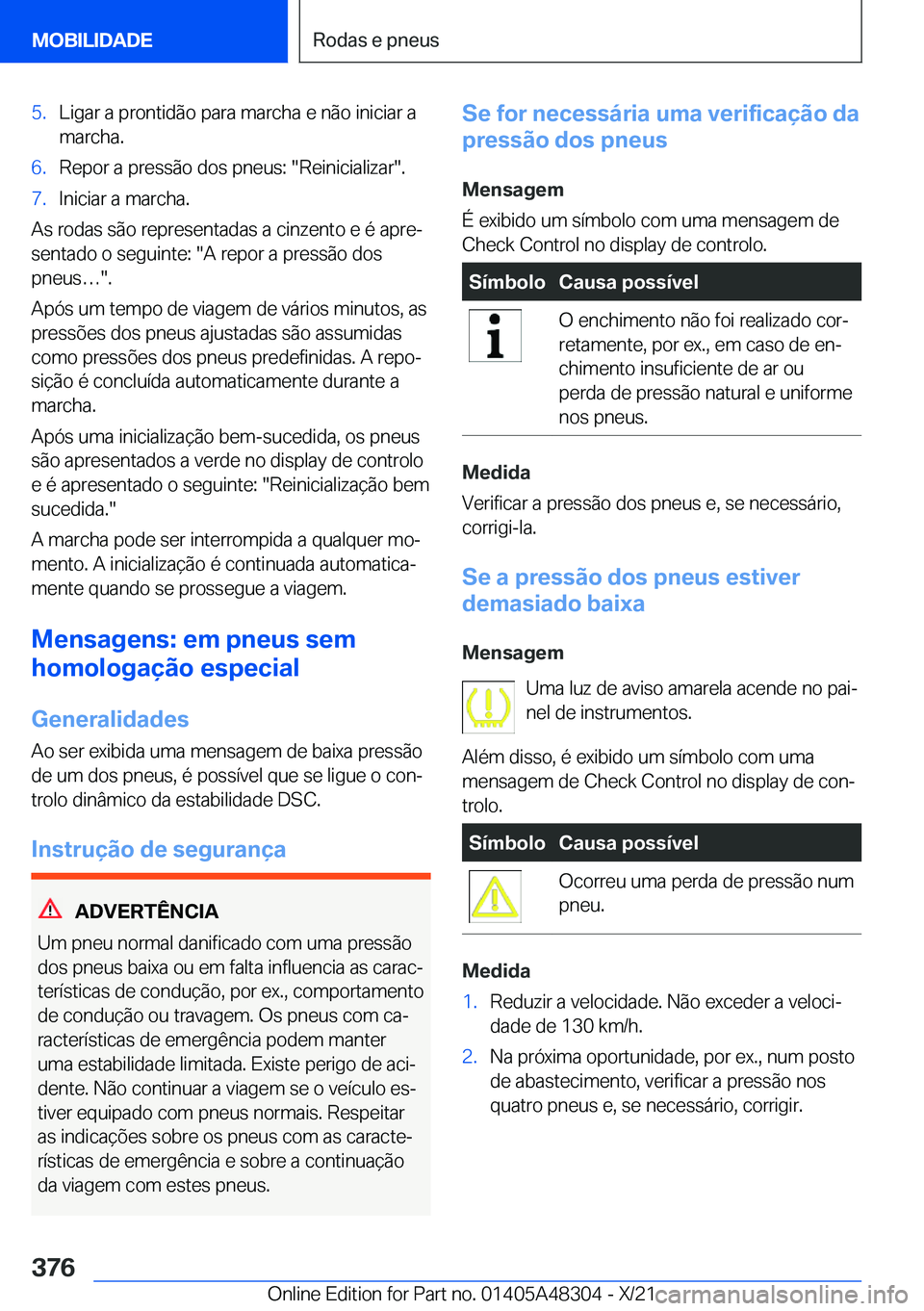BMW X3 2022  Manual do condutor (in Portuguese) �5�.�L�i�g�a�r��a��p�r�o�n�t�i�d�ã�o��p�a�r�a��m�a�r�c�h�a��e��n�ã�o��i�n�i�c�i�a�r��a�m�a�r�c�h�a�.�6�.�R�e�p�o�r��a��p�r�e�s�s�ã�o��d�o�s��p�n�e�u�s�:���R�e�i�n�i�c�i�a�l�i�z�a�r��