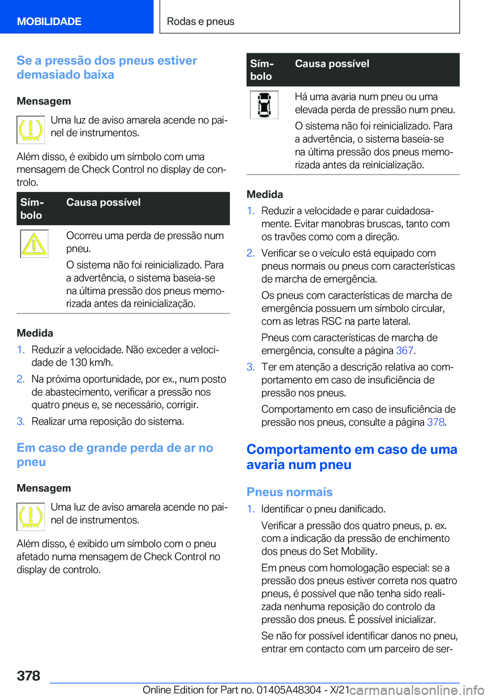 BMW X3 2022  Manual do condutor (in Portuguese) �S�e��a��p�r�e�s�s�ã�o��d�o�s��p�n�e�u�s��e�s�t�i�v�e�r
�d�e�m�a�s�i�a�d�o��b�a�i�x�a
�M�e�n�s�a�g�e�m �U�m�a��l�u�z��d�e��a�v�i�s�o��a�m�a�r�e�l�a��a�c�e�n�d�e��n�o��p�a�iª�n�e�l��d�