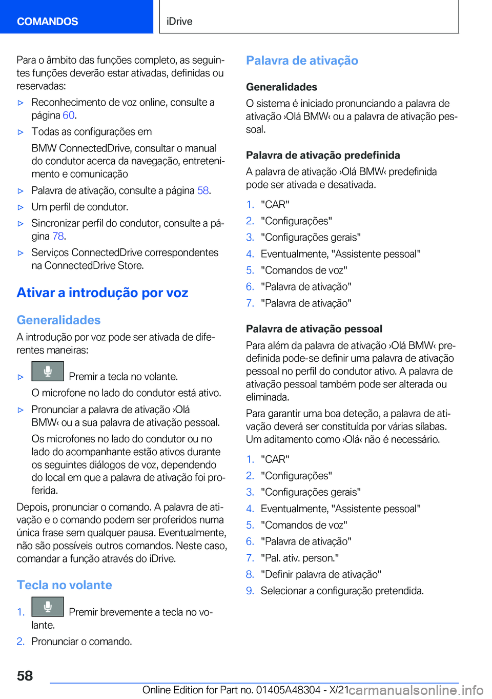 BMW X3 2022  Manual do condutor (in Portuguese) �P�a�r�a��o��â�m�b�i�t�o��d�a�s��f�u�n�