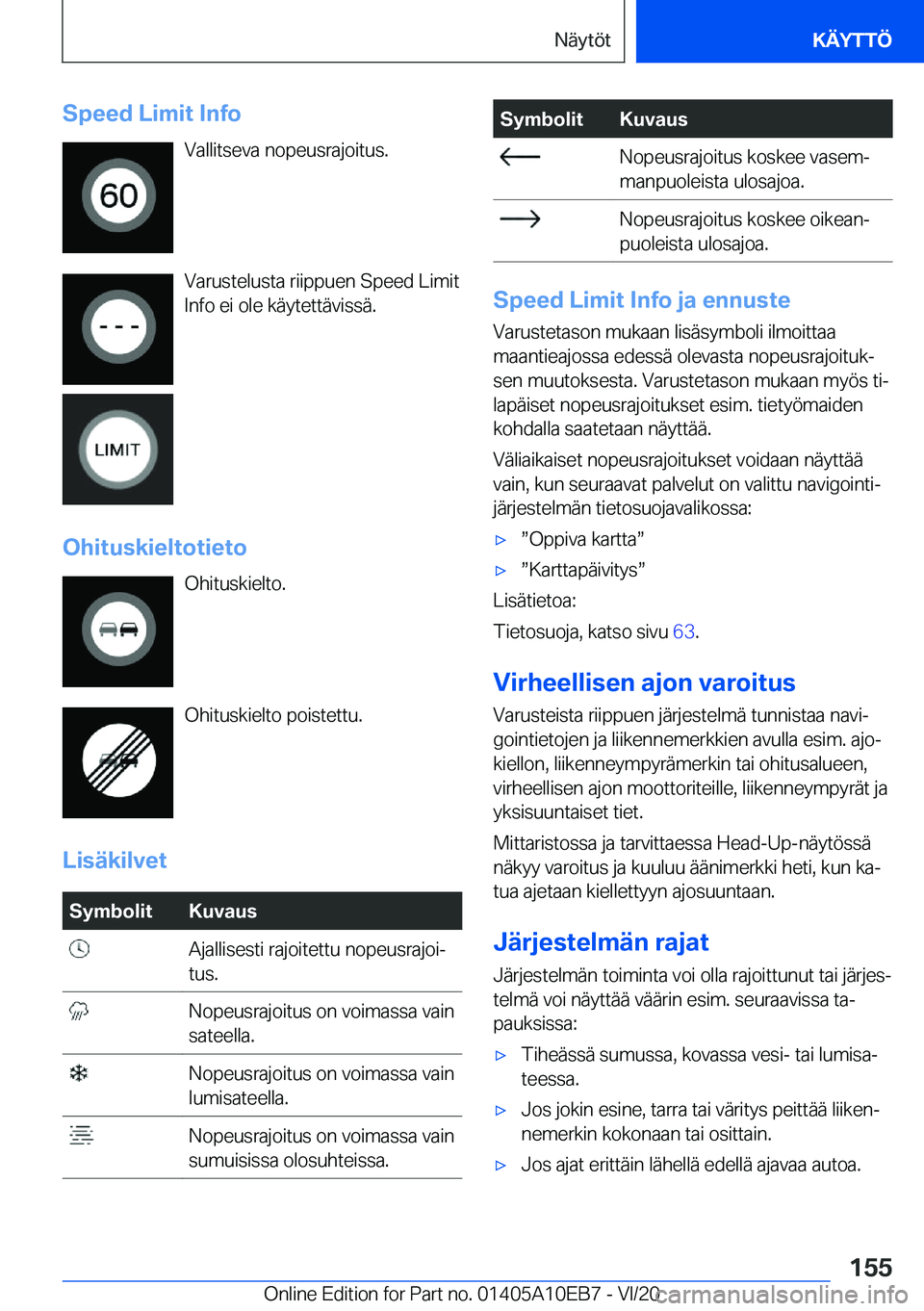 BMW X3 2021  Omistajan Käsikirja (in Finnish) �S�p�e�e�d��L�i�m�i�t��I�n�f�o�V�a�l�l�i�t�s�e�v�a��n�o�p�e�u�s�r�a�j�o�i�t�u�s�.
�V�a�r�u�s�t�e�l�u�s�t�a��r�i�i�p�p�u�e�n��S�p�e�e�d��L�i�m�i�t
�I�n�f�o��e�i��o�l�e��k�