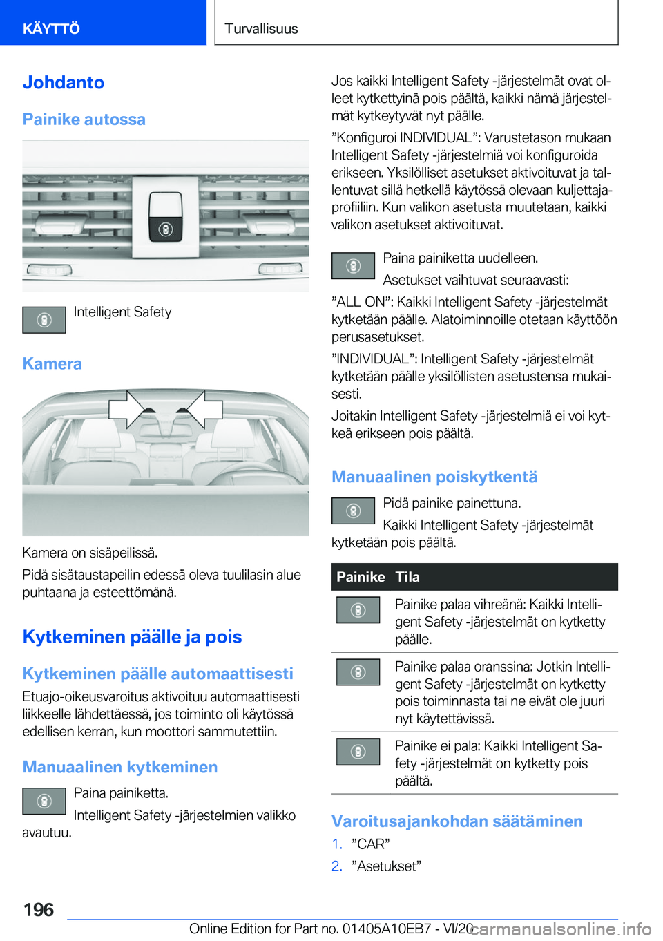 BMW X3 2021  Omistajan Käsikirja (in Finnish) �J�o�h�d�a�n�t�o
�P�a�i�n�i�k�e��a�u�t�o�s�s�a
�I�n�t�e�l�l�i�g�e�n�t��S�a�f�e�t�y
�K�a�m�e�r�a
�K�a�m�e�r�a��o�n��s�i�s�