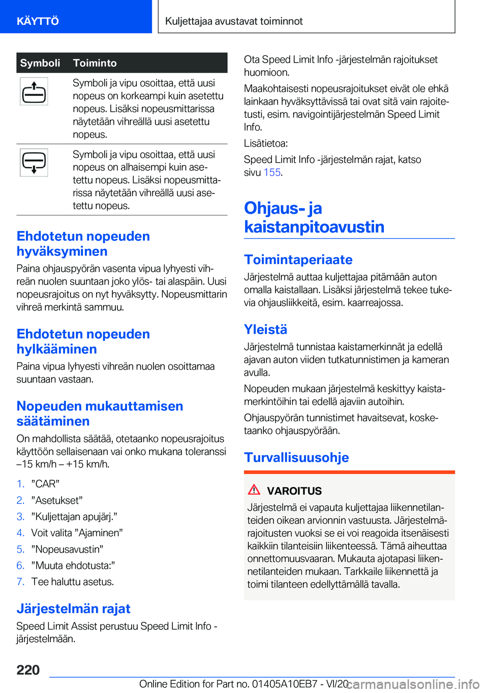 BMW X3 2021  Omistajan Käsikirja (in Finnish) �S�y�m�b�o�l�i�T�o�i�m�i�n�t�o�S�y�m�b�o�l�i��j�a��v�i�p�u��o�s�o�i�t�t�a�a�,��e�t�t�
