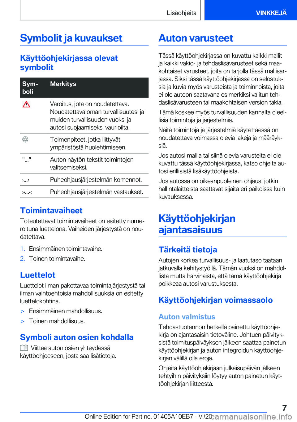 BMW X3 2021  Omistajan Käsikirja (in Finnish) �S�y�m�b�o�l�i�t��j�a��k�u�v�a�u�k�s�e�t
�K�
