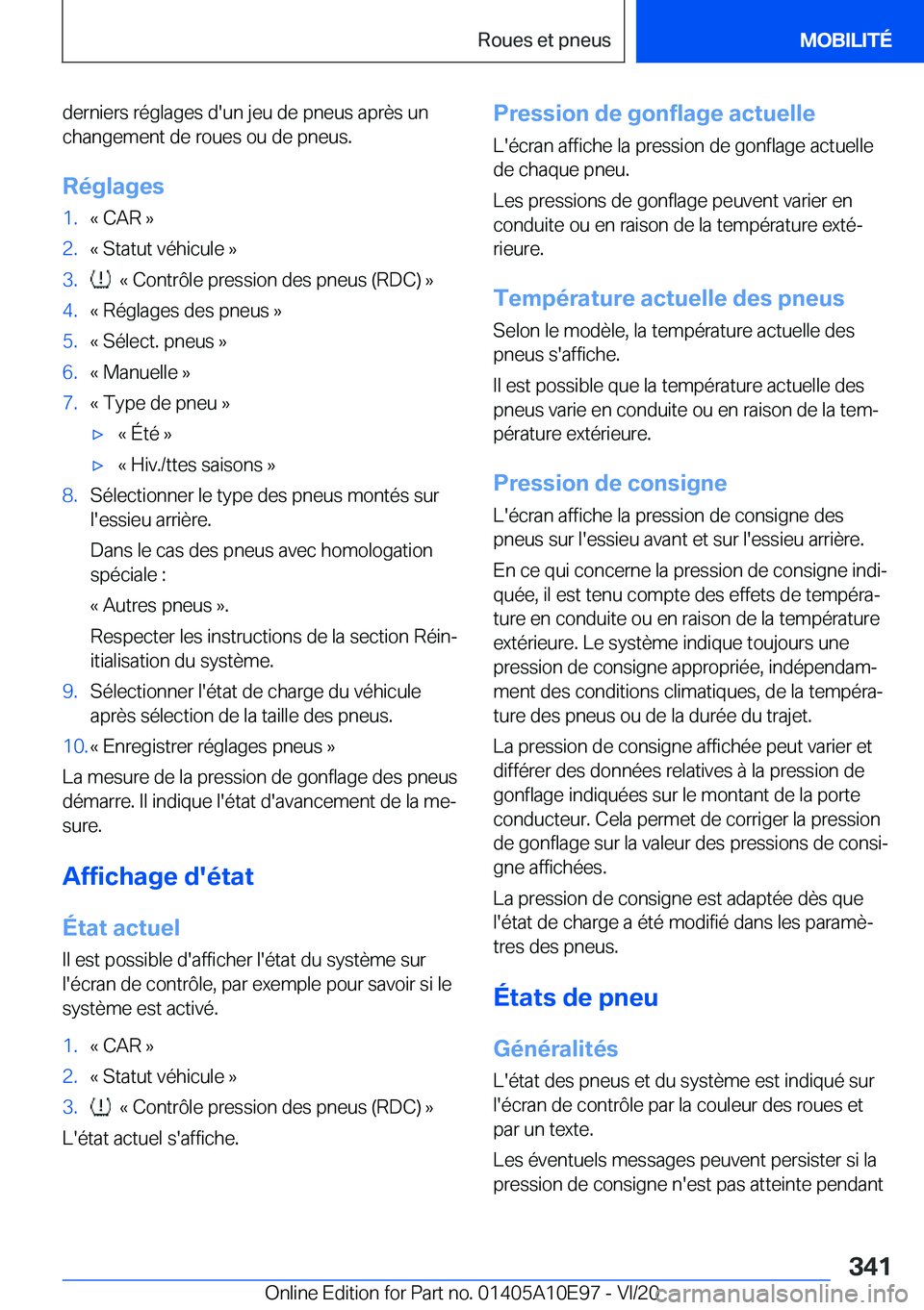 BMW X3 2021  Notices Demploi (in French) �d�e�r�n�i�e�r�s��r�é�g�l�a�g�e�s��d�'�u�n��j�e�u��d�e��p�n�e�u�s��a�p�r�è�s��u�n
�c�h�a�n�g�e�m�e�n�t��d�e��r�o�u�e�s��o�u��d�e��p�n�e�u�s�.
�R�é�g�l�a�g�e�s�1�.�k��C�A�R��{�2�.�