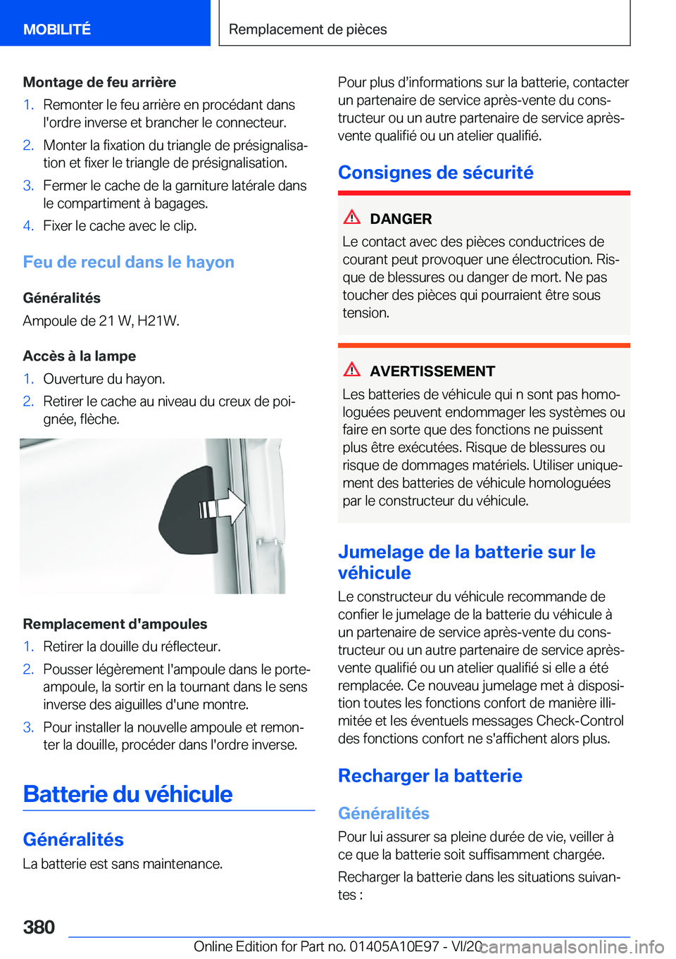 BMW X3 2021  Notices Demploi (in French) �M�o�n�t�a�g�e��d�e��f�e�u��a�r�r�i�è�r�e�1�.�R�e�m�o�n�t�e�r��l�e��f�e�u��a�r�r�i�è�r�e��e�n��p�r�o�c�é�d�a�n�t��d�a�n�s
�l�'�o�r�d�r�e��i�n�v�e�r�s�e��e�t��b�r�a�n�c�h�e�r��l�e�