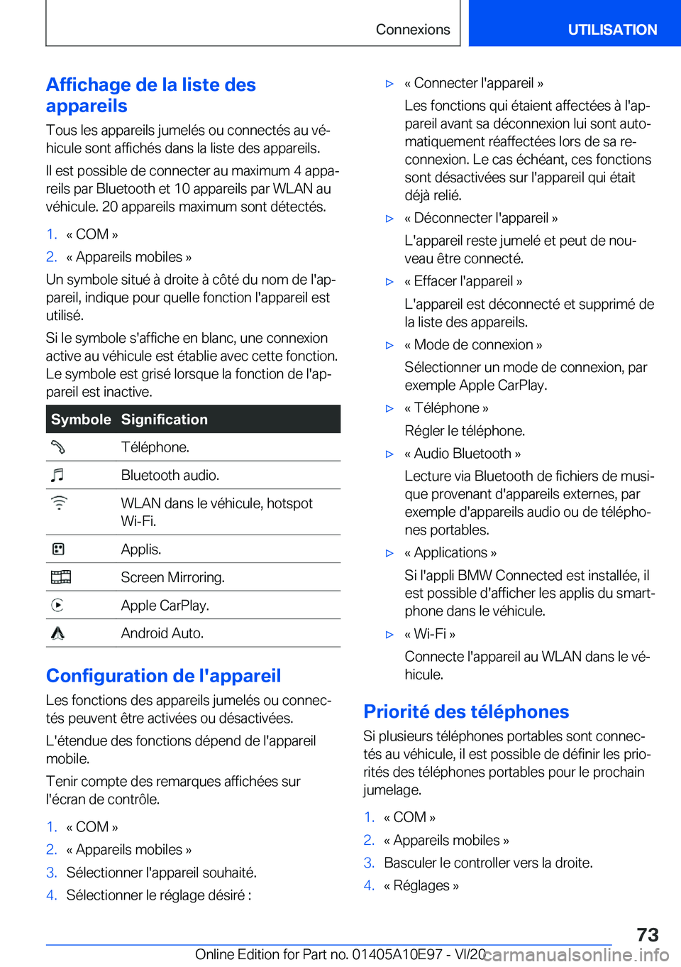 BMW X3 2021  Notices Demploi (in French) �A�f�f�i�c�h�a�g�e��d�e��l�a��l�i�s�t�e��d�e�s
�a�p�p�a�r�e�i�l�s
�T�o�u�s��l�e�s��a�p�p�a�r�e�i�l�s��j�u�m�e�l�é�s��o�u��c�o�n�n�e�c�t�é�s��a�u��v�éj �h�i�c�u�l�e��s�o�n�t��a�f�f�i�c