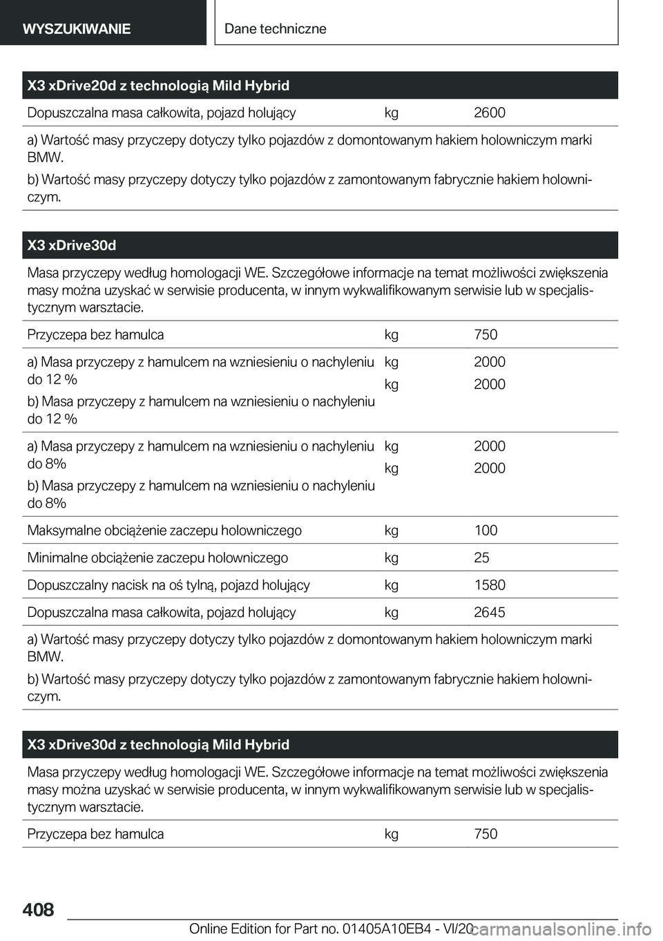 BMW X3 2021  Instrukcja obsługi (in Polish) �X�3��x�D�r�i�v�e�2�0�d��z��t�e�c�h�n�o�l�o�g�i�ą��M�i�l�d��H�y�b�r�i�d�D�o�p�u�s�z�c�z�a�l�n�a��m�a�s�a��c�a�ł�k�o�w�i�t�a�,��p�o�j�a�z�d��h�o�l�u�j�