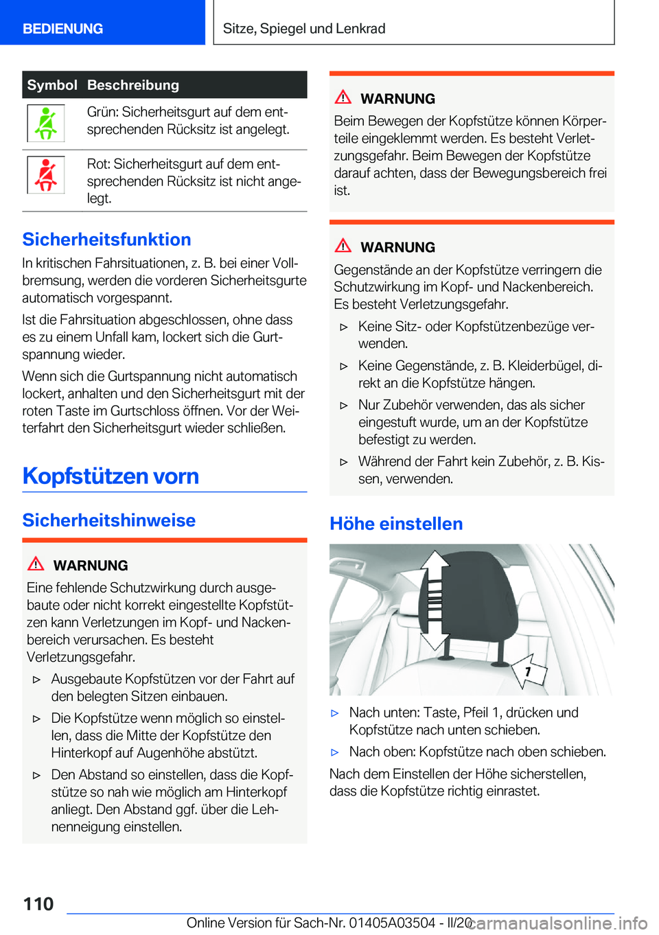 BMW X3 2020  Betriebsanleitungen (in German) �S�y�m�b�o�l�B�e�s�c�h�r�e�i�b�u�n�g�G�r�