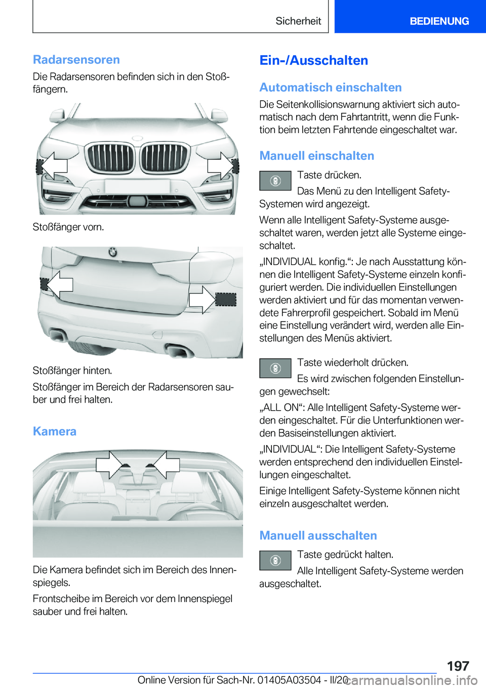 BMW X3 2020  Betriebsanleitungen (in German) �R�a�d�a�r�s�e�n�s�o�r�e�n
�D�i�e��R�a�d�a�r�s�e�n�s�o�r�e�n��b�e�f�i�n�d�e�n��s�i�c�h��i�n��d�e�n��S�t�o�