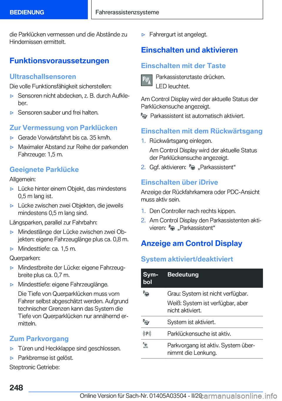 BMW X3 2020  Betriebsanleitungen (in German) �d�i�e��P�a�r�k�l�