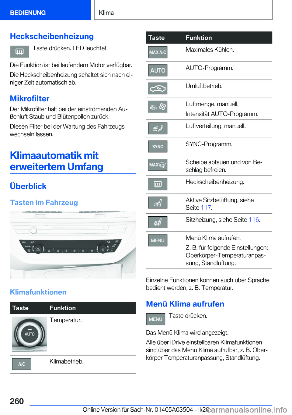 BMW X3 2020  Betriebsanleitungen (in German) �H�e�c�k�s�c�h�e�i�b�e�n�h�e�i�z�u�n�g�T�a�s�t�e��d�r�