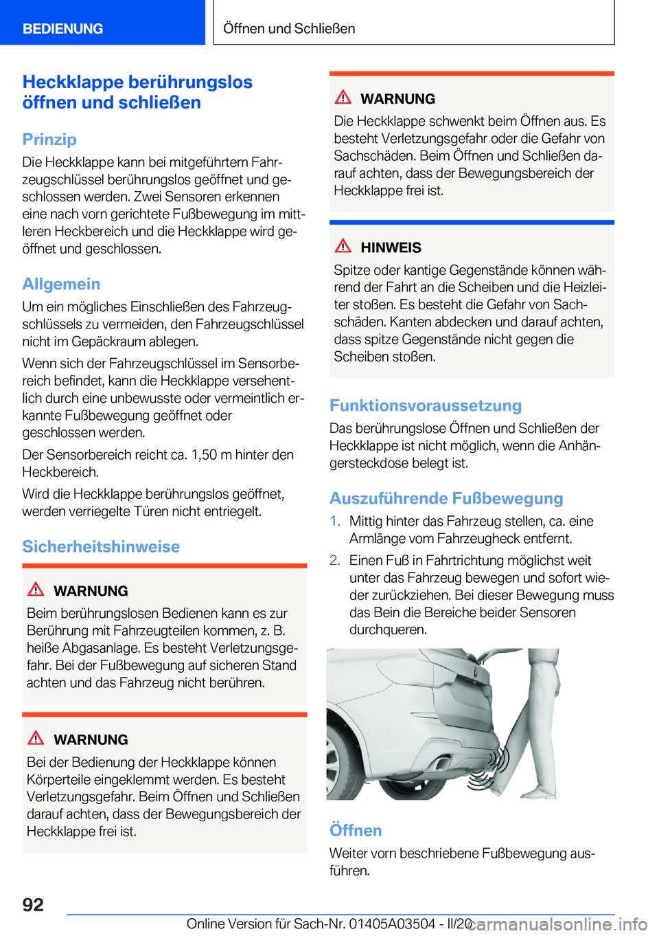 BMW X3 2020  Betriebsanleitungen (in German) �H�e�c�k�k�l�a�p�p�e��b�e�r�