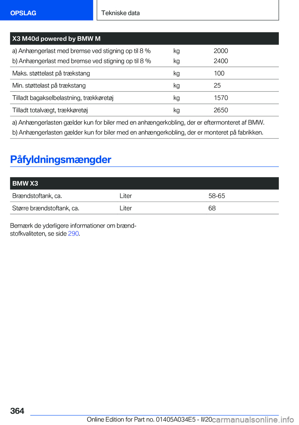 BMW X3 2020  InstruktionsbØger (in Danish) �X�3��M�4�0�d��p�o�w�e�r�e�d��b�y��B�M�W��M�a�)��A�n�h�æ�n�g�e�r�l�a�s�t��m�e�d��b�r�e�m�s�e��v�e�d��s�t�i�g�n�i�n�g��o�p��t�i�l��8��%
�b�)��A�n�h�æ�n�g�e�r�l�a�s�t��m�e�d��b�r�e�m�