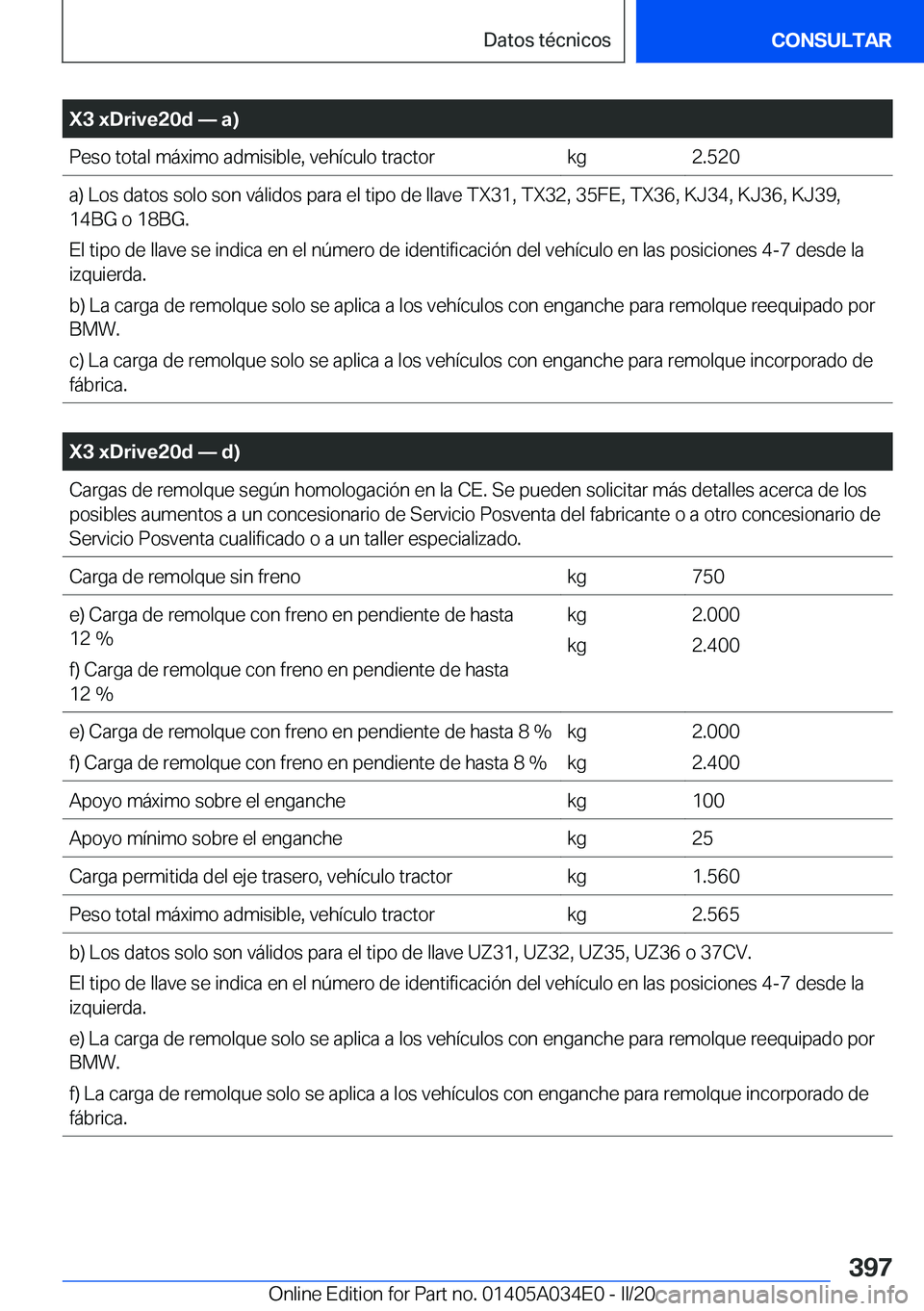 BMW X3 2020  Manuales de Empleo (in Spanish) �X�3��x�D�r�i�v�e�2�0�d�n��a�
�P�e�s�o��t�o�t�a�l��m�