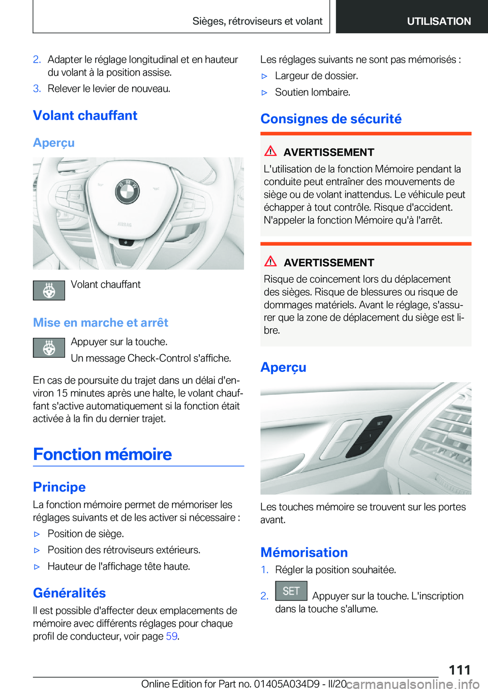 BMW X3 2020  Notices Demploi (in French) �2�.�A�d�a�p�t�e�r��l�e��r�é�g�l�a�g�e��l�o�n�g�i�t�u�d�i�n�a�l��e�t��e�n��h�a�u�t�e�u�r�d�u��v�o�l�a�n�t��