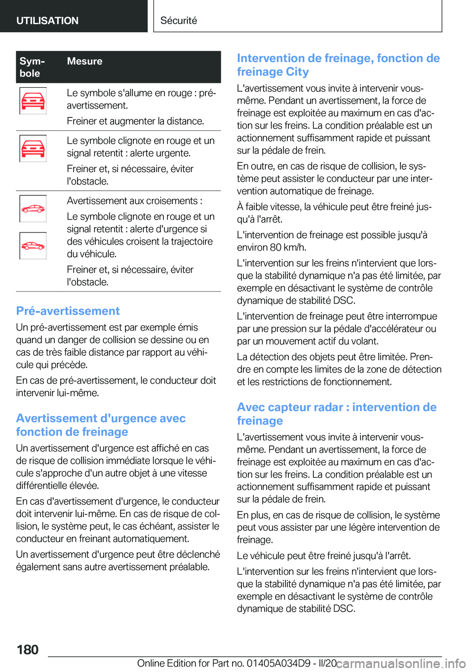 BMW X3 2020  Notices Demploi (in French) �S�y�mj
�b�o�l�e�M�e�s�u�r�e�L�e��s�y�m�b�o�l�e��s�'�a�l�l�u�m�e��e�n��r�o�u�g�e��:��p�r�é�-
�a�v�e�r�t�i�s�s�e�m�e�n�t�.
�F�r�e�i�n�e�r��e�t��a�u�g�m�e�n�t�e�r��l�a��d�i�s�t�a�n�c�e�.